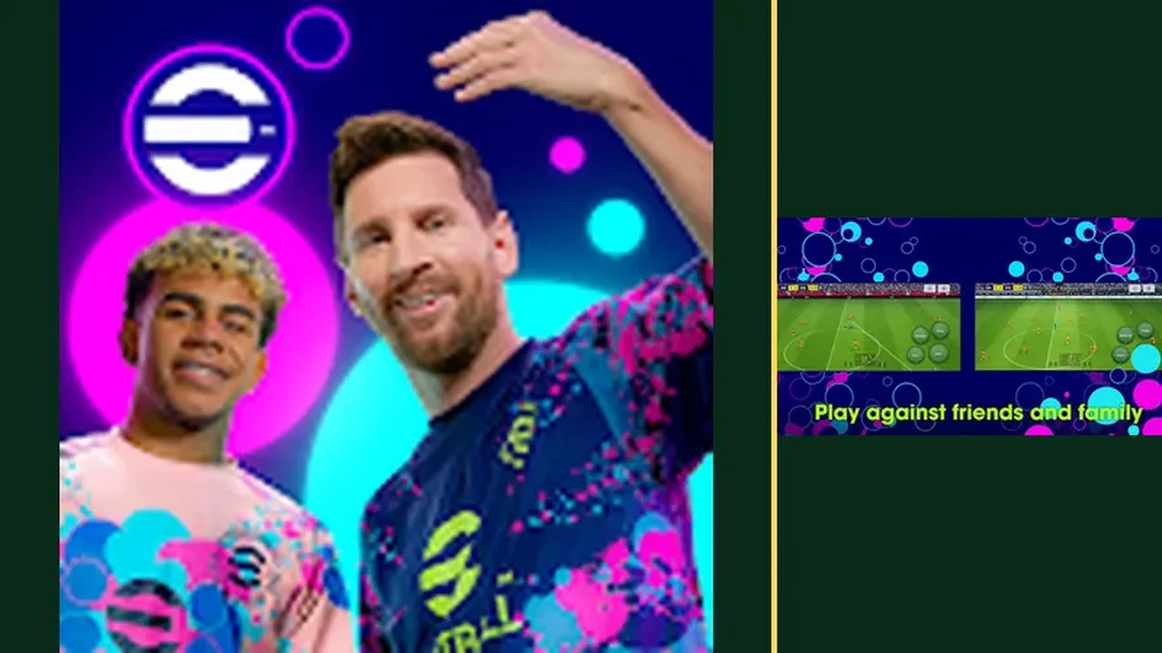 eFootball app icon beside match gameplay on a green pitch