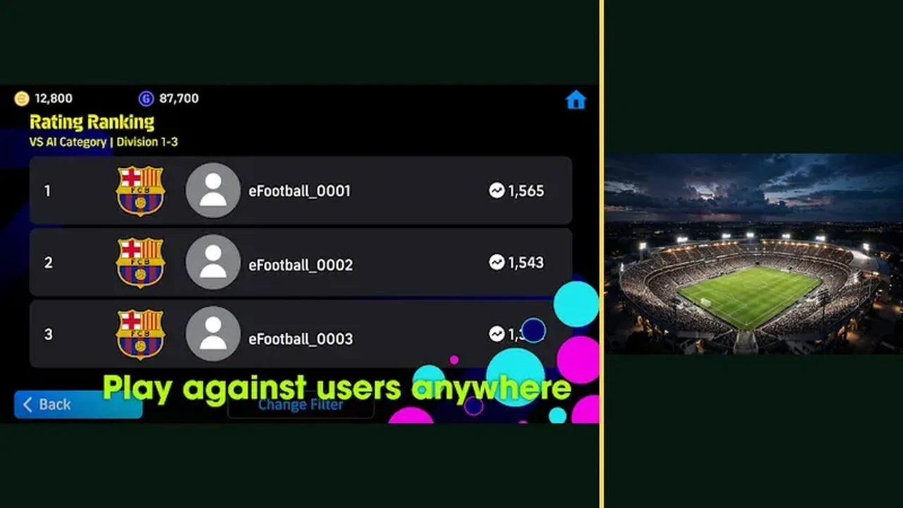 eFootball online ranking screen listing players by rating points