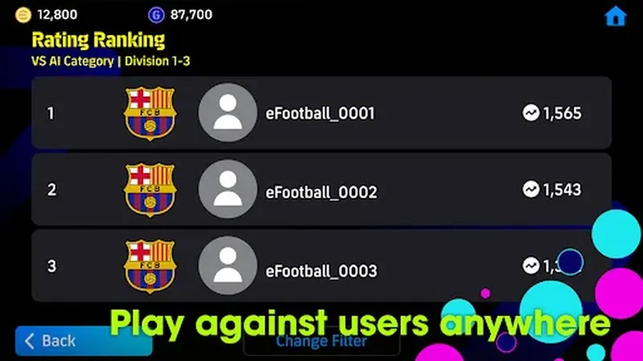 eFootball online ranking screen listing players by rating points