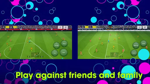 eFootball match gameplay with on screen pass, shoot, and dash controls on a green pitch