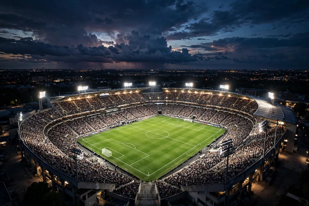 A football stadium at night under bright floodlights with a vivid green pitch